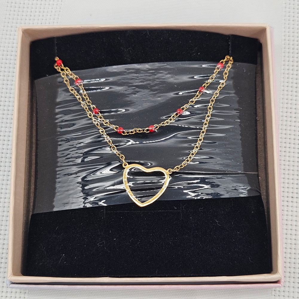 Gold Layered Necklace‎ Set Red Beads Open Heart Pendant with Gift Box and Bag